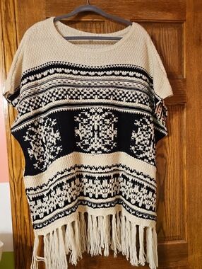 Cream and Black Patterned Fringe Sweater Poncho